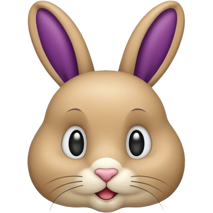 Un lapin beige qui a les oreilles qui tombent  avec une aubergine sur la tête emoji