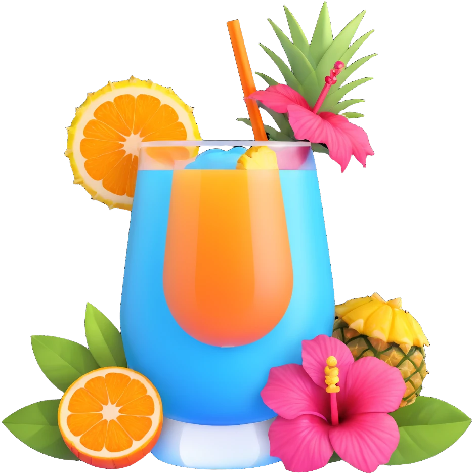 vibrant tropical fruity blue cocktail with hibiscus, pineapple and orange garnishes emoji