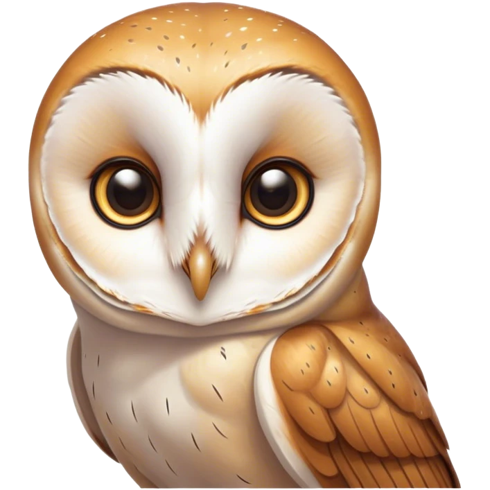 Cinematic Cute Barn Owl Portrait Emoji, Head tilted playfully and inquisitively, featuring a softly mottled Fur of white and brown with delicate feather patterns, round, sparkling amber eyes filled with curious wonder, Simplified yet irresistibly adorable features, highly detailed, glowing with a warm, friendly glow, high shine, affectionate and gentle, stylized with a touch of barnyard whimsy, bright and endearing, soft glowing outline, capturing the essence of a mischievous yet loving owl, so playful it feels like it could swoop out of the screen and into your arms! emoji