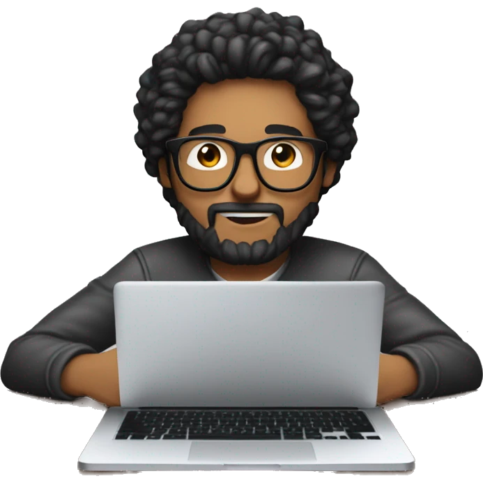 Designer with black hair, beard and glasses working with MacBook and drinking cappuccino ketchup bottle emoji