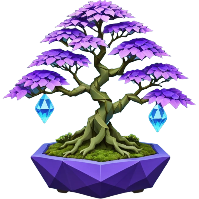 Futuristic wild glowing space alien moss maples Bonsai hair-fine-leaf group multi faceted intricate crystal inspired boxwood purple rose blue informal rocky cliffhanger eight trees forest planting in shallow origami slab style pot with big animal-like feet  emoji