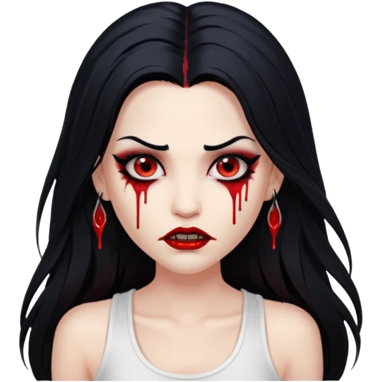 White woman with a white tank top long black hair glossy middle part long hair vamp look with fangs or blood dripping brown eyes eyeliner winged with lashes top and bottom emoji