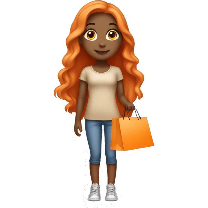 Tan girl with long orange hair wearing cute outfit holding shopping bags emoji