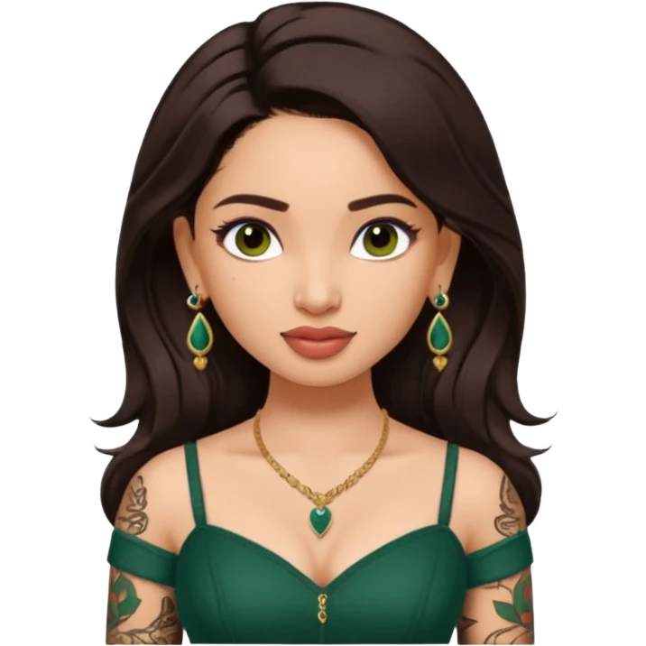 pretty bratz genmoji that looks like tamannah bhatia (bollywood actress), wearing a dark green sweetheart neckline top, dark brown hair, light makeup, no necklace, dangly earrings, side hair part, dark brown eyes, with full tattoos and neck tattoo emoji