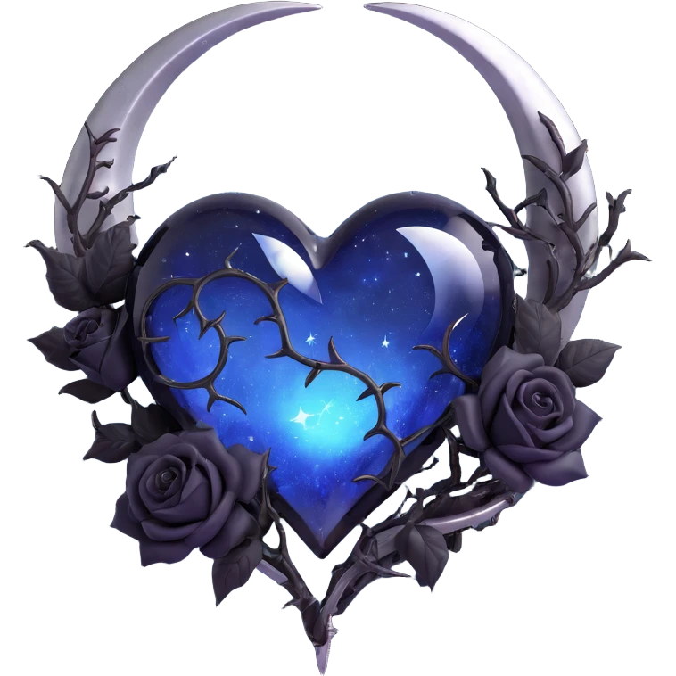 gothic heart, midnight blue glass, silver crescent moon, black roses, stardust, lightning, rain, cracked glass, dramatic style emoji