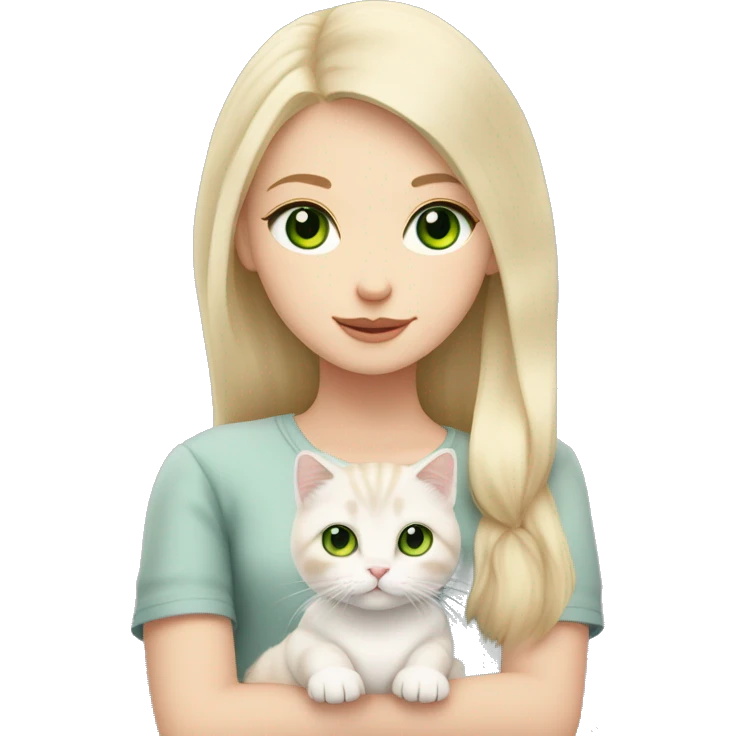 A girl with light blond hair and green eyes is holding a white Scottish Fold cat with green eyes, a pink nose, and folded ears. emoji