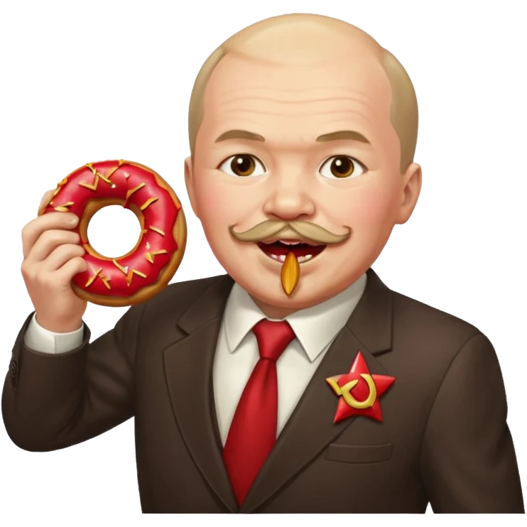 Ленин в костюме с удовольствием кусает огромный пончик-донат красного цвета, на котором нарисованы серп и молот emoji