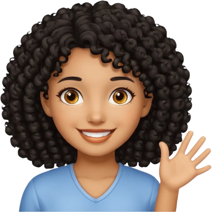 Uma menina de cabelo cacheados preto morena com os olhos puxados olhos castanhos dando bom dia emoji