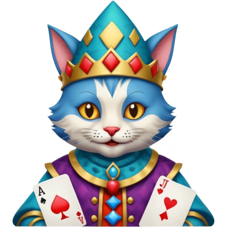 crazy colorful cute little cat jolly joker from poker, medieval, vintage, court jester, mac os icon, blue color, holds a single poker card emoji