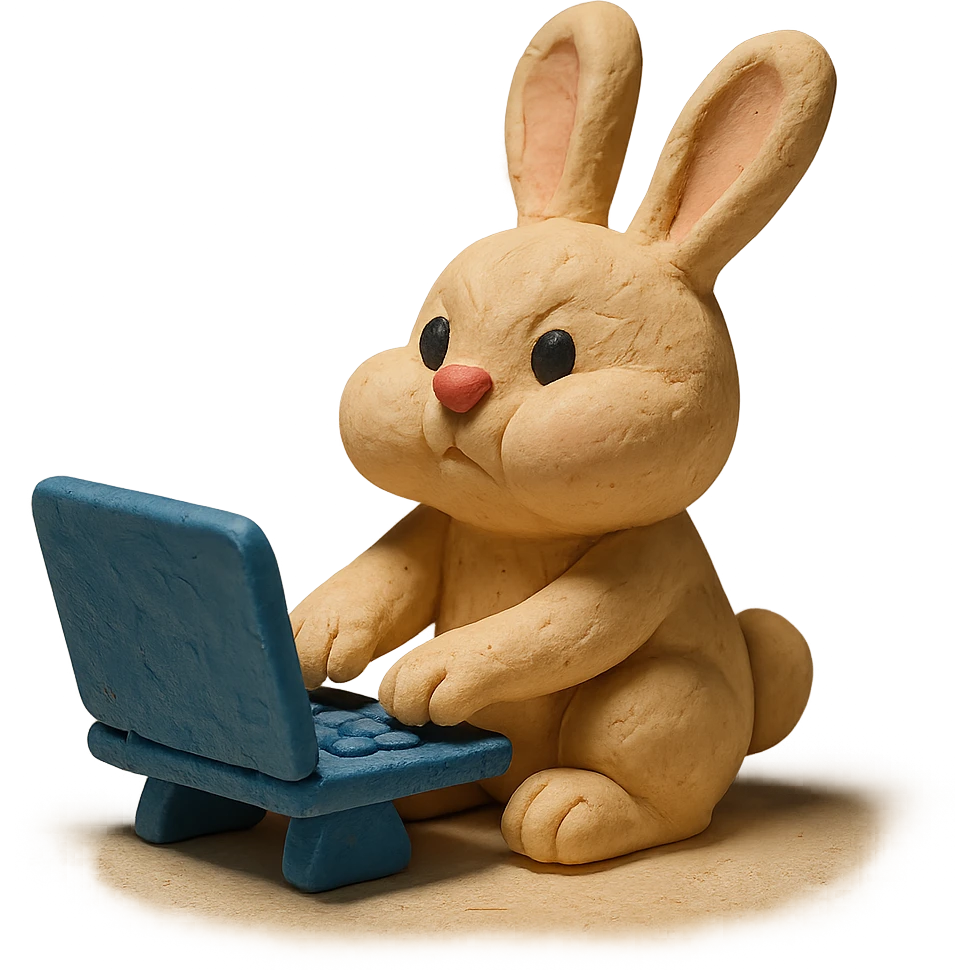 vanilla bunny typing fast, cheeks puffed, claymation style emoji