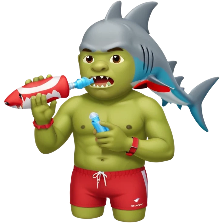 orc male in shark floatie, blowing whistle. Red swim trunks emoji