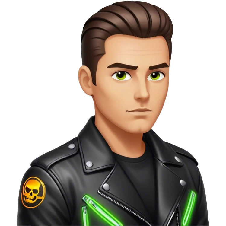 A lone biker with slicked-back hair, wearing a leather jacket, his face partially lit by neon lights emoji