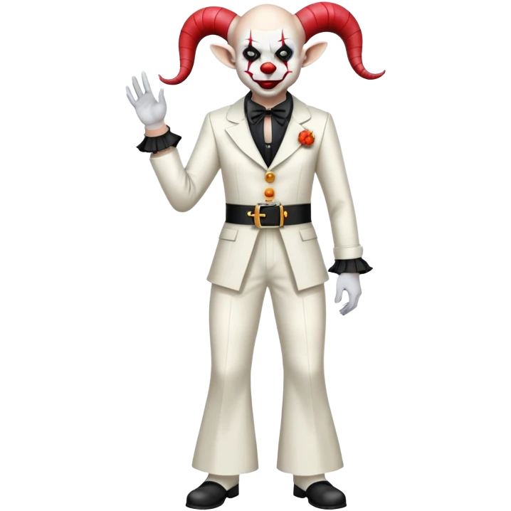 full-body demonic clown in a white leisure suit with bellbottom pants, bald, with black ram horns, flashy belt, ruffled shirt, no neck tie emoji