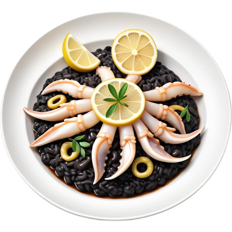 cinematic-realistic-black-risotto-dish,-showcasing-lagre squid pieces-rendered-with-bold-textures-and-dynamic,-dramatic-lighting in a white plate with a single slice of grilled lemon on top emoji