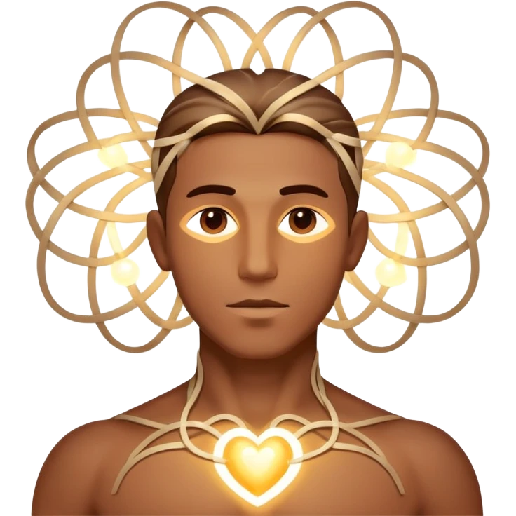 luminous male silhouette surrounded by flowing interconnected lines and softly glowing orbs with radiant core at head and heart emoji