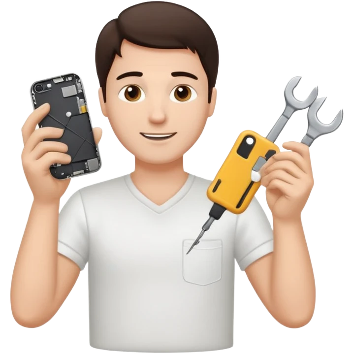 make a white guy with dark brown hair, with a simple white o grey shirt, repairing an iphone happy, tecnician with small real tools for phone emoji