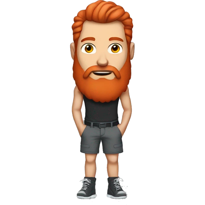 a man with long red hair, a red beard with a little gray in it, and a full body suit tattoo, wearing shorts and a tank top emoji