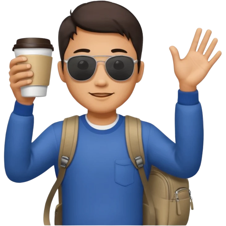 An asian man wearing sunglasses and carrying a backpack, holding a cup of coffee and waving his hand (in greeting) emoji