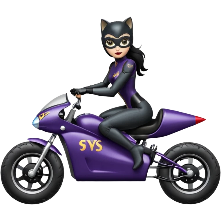 full size real-appearance electric road racing sexy CatWoman’s feminine midnight-colored tight outfit sixty’s tv show dark stealthy accurate sporty safe plush deluxe off-road pursuit cruiser car jaguar accents (black hair,reclined and relaxed torso and shoulders seating position) go kart  emoji