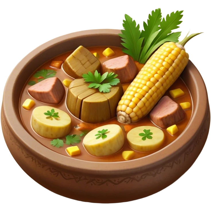 Cinematic Realistic Sancocho Antioqueño Emoji, depicting a hearty Colombian stew brimming with tender cuts of meat, yuca, plantains, corn on the cob, and potatoes in a rich, flavorful broth. Served in a rustic clay bowl with fresh cilantro and lime on the side, rendered with warm, inviting textures and homely, comforting lighting. emoji