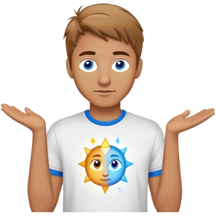 Creative director man with light brown hair and blue eyes with magical t-shirt emoji