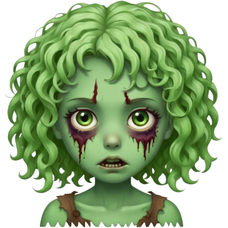 Uma garota zumbi com o cabelo cacheado baixo e mecha descolorida,olho meio grande e bonitos e rosto redondo bem fofinha e linda e com aparência de zumbi verde e meio assustadora com o semblante de cansada emoji