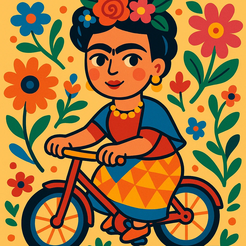 Frida Kahlo on a bike, surrounded by flowers, bold colors, Mexican folk art influence emoji