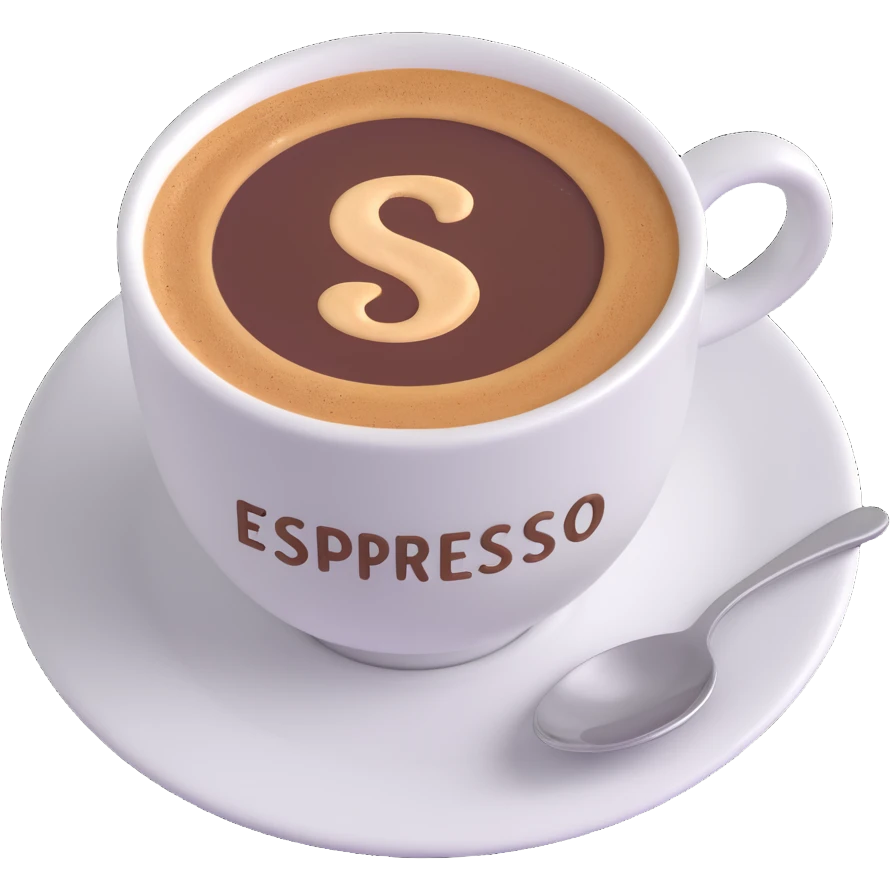 A cup of coffee with the word “Espresso” written on the foam, close-up, warm lighting, simple background emoji