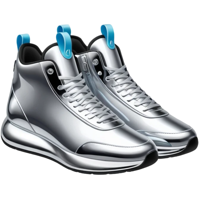 A pair of futuristic sneakers emoji made of silver chrome, sleek streetwear design, smooth metallic panels, subtle reflections, luxury swag aesthetic, iOS emoji style, centered, clean white background emoji