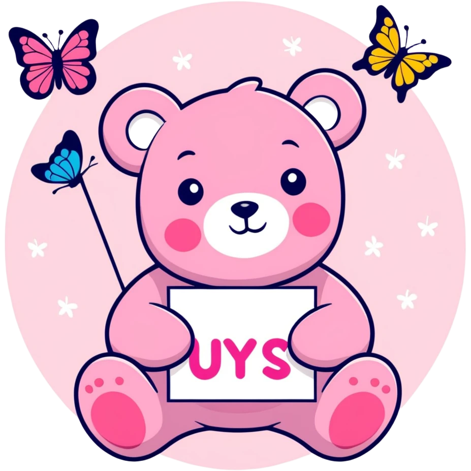 A pink teddy bear holding a sign and surrounded by butterflies and sparkles. emoji