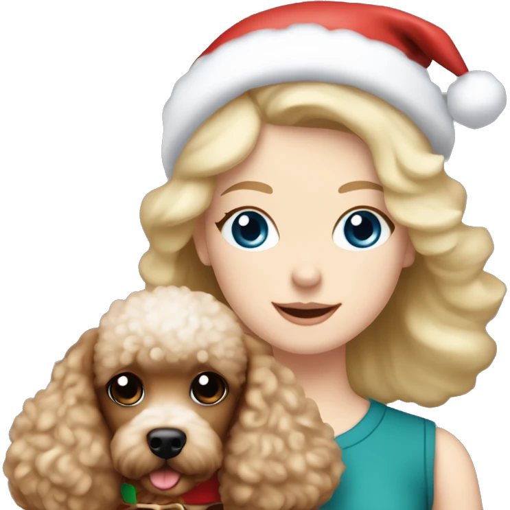 Pretty blue eyed white girl with blonde hair with a santa claus hat and holding a brown toy poodle emoji