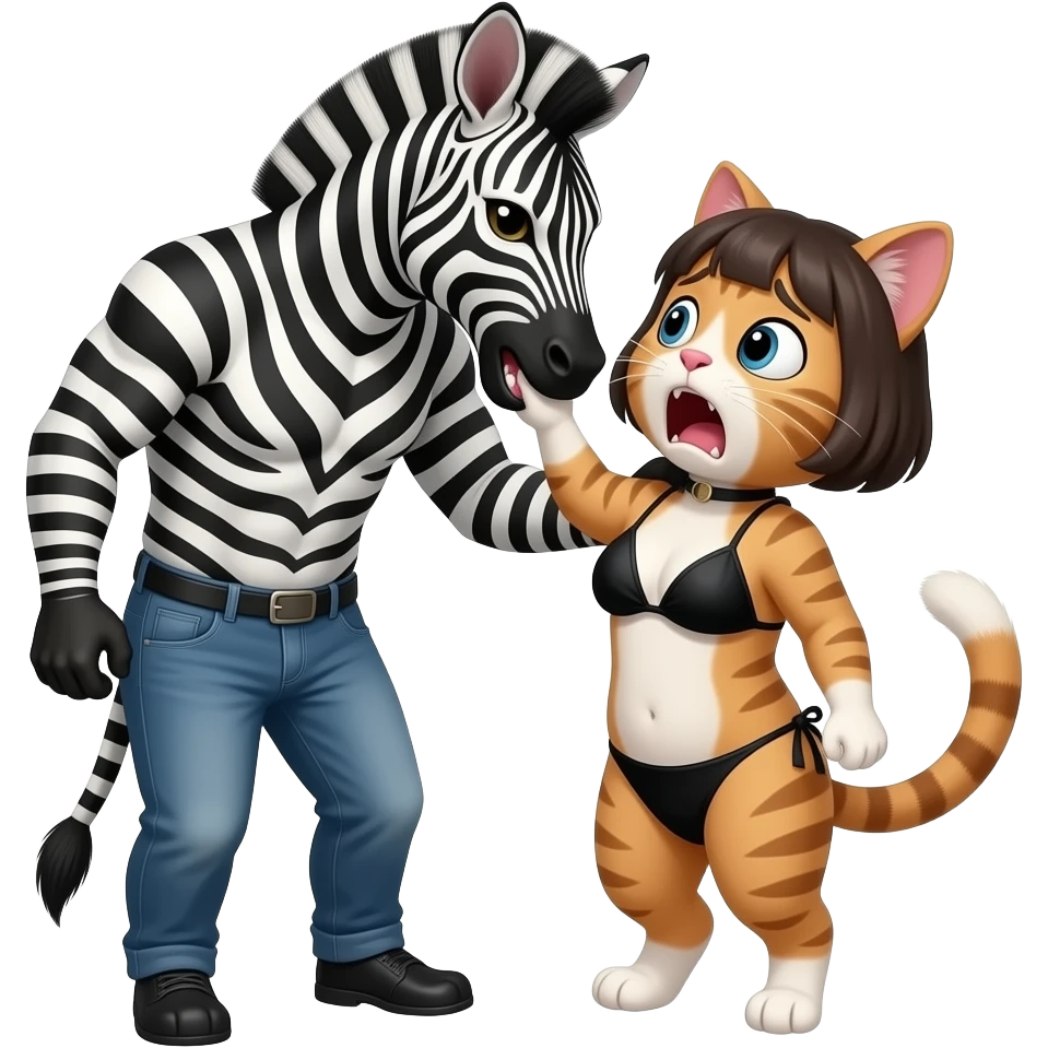 human zebra male biting the cat neck. a human girl cat wearing black bikini and a short hair. make the cat scared emoji