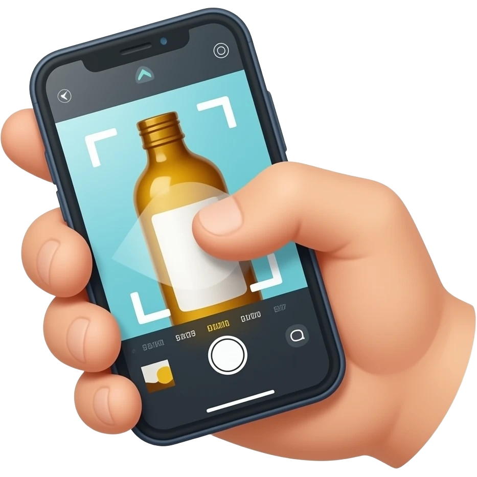 hand gripping a smartphone, phone camera pointed at a bottle , scanning action, no text emoji