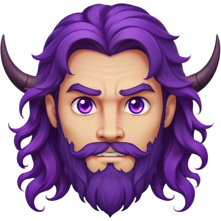 Demon with long wavy hair, purple eyes, bearded, handsome, he is mid 30s emoji