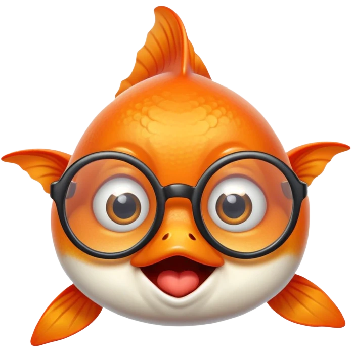 A goldfish with a silly facial expression wearing round eyeglasses perched on its face, comical look emoji