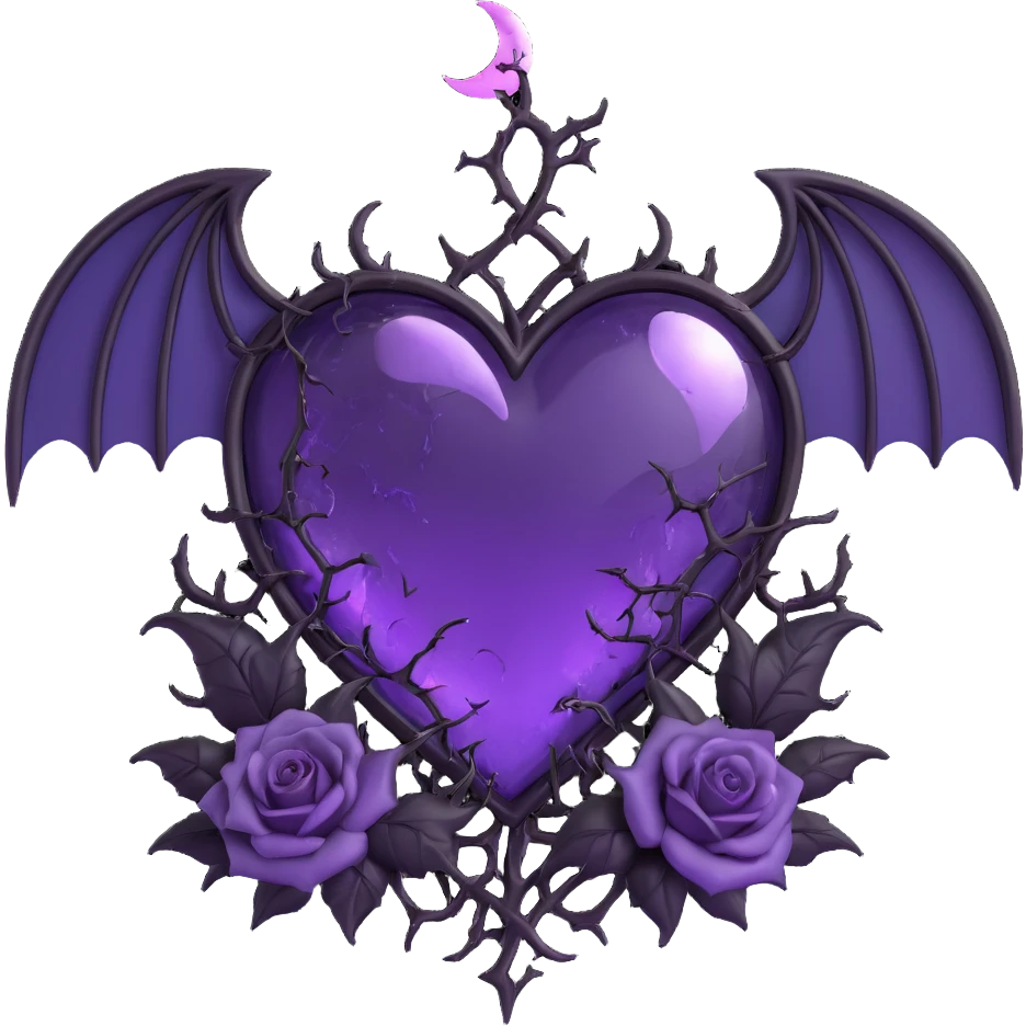 gothic heart made of purple glass with crescent moon with bat wings, black roses entwined with thorns, glowing lightning, pouring rain, shattered cracked glass texture emoji