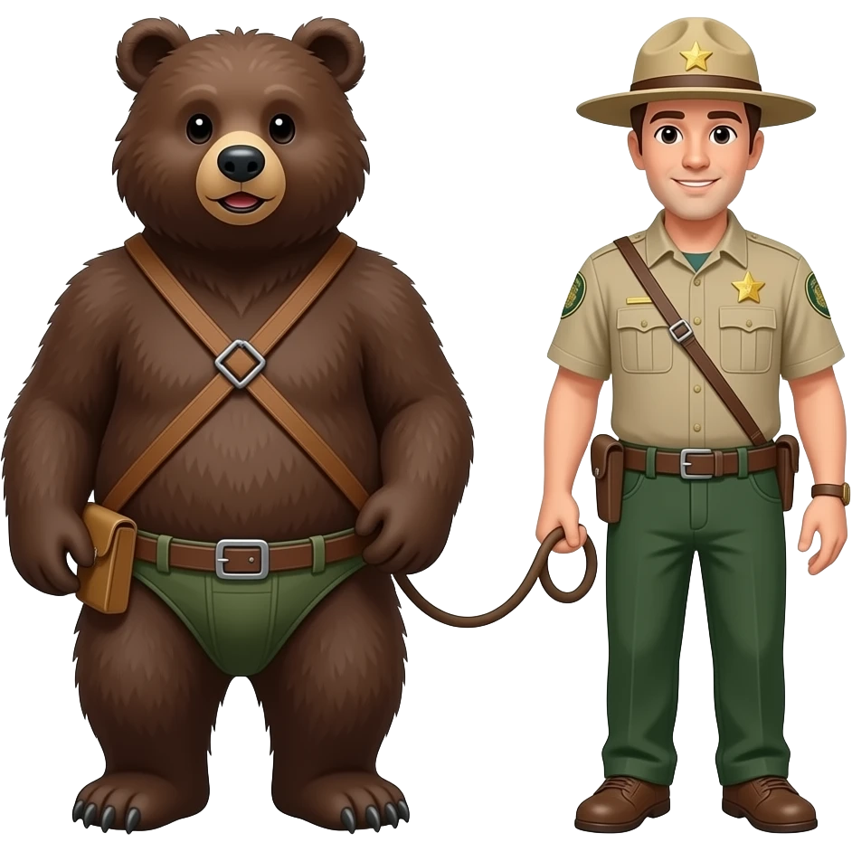 smokey the bear being walked on a leash in a harness by a park ranger emoji
