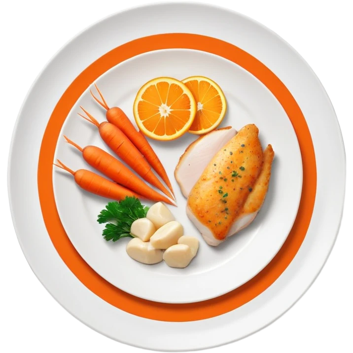 A plate with chicken, fish fillet, and bright orange carrots, with vitamin A nutrition labels emoji