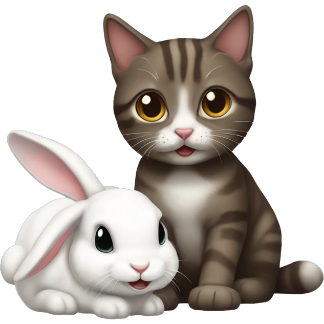 One dark brown, white tabby cat playing with their white bunny emoji