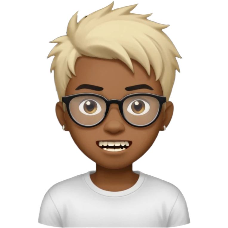 Black Male Teenager with Short punk messy blonde hair, Dark brown bushy eyebrows large expressive golden-brown eyes, wearing a plain white t-shirt, wearing thick black glasses, Dark Brown skin color. Showing off his singular vampire tooth emoji