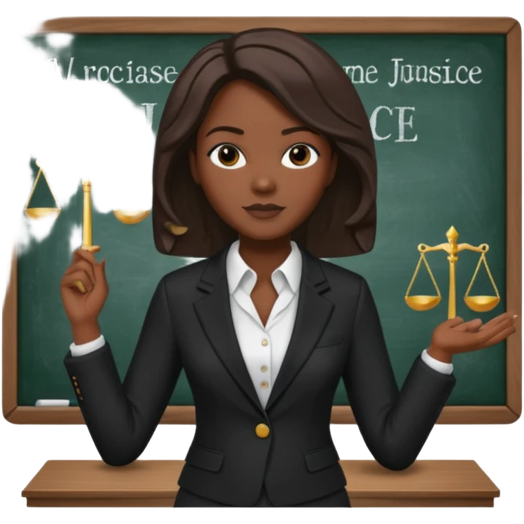 Black teacher/professor looking like the fictional character Annalise Keating from How To Get Away With Murder, holding a statue of justice and with a school black board in the background emoji