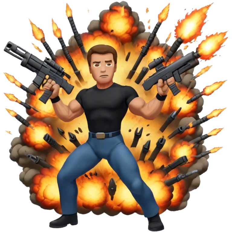 Icon for Action Movies: Arnold Schwarzenegger in the lead role, in an intense action pose with weapons, explosions, and dramatic background. The design should evoke the classic action movie feel with muscle-bound heroes and high-energy sequences. Transparent background. emoji