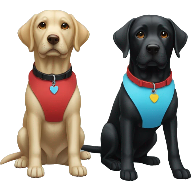 black-coloured labrador on the left with red collar, black-coloured labrador on the right with light blue collar. emoji