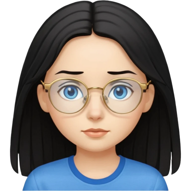 a black haired girl with blue eyes and glasses with blue shirt and long hair and gold glasses kid emoji