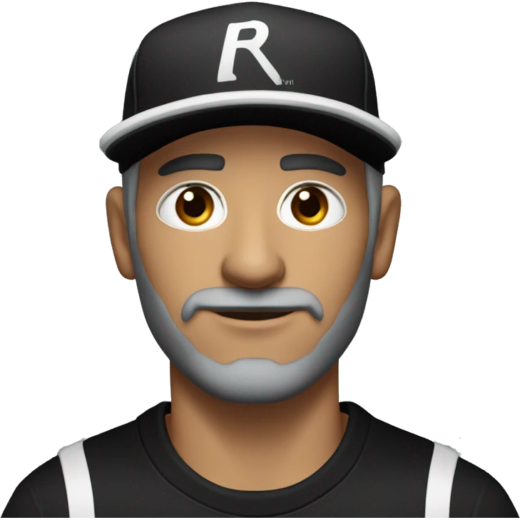 An adult white skin portrait of male with stubble and a slightly gray beard, brown hair, black eyes, wearing a black Reebok cap with a round emblem on his head, and a black sweater with three white stripes on the sleeves underneath. emoji