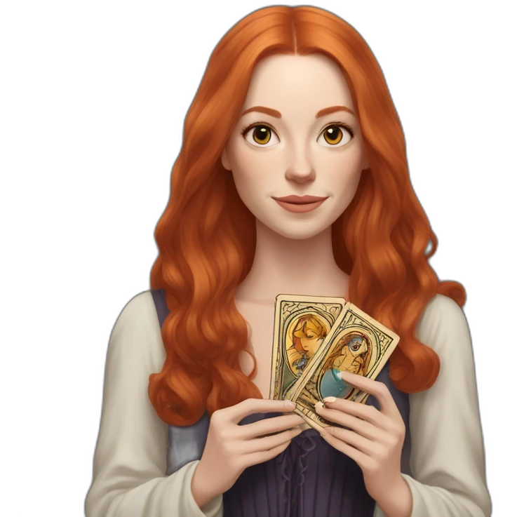 redhead white woman medium long straight hair, holding a tarot card in her hand emoji