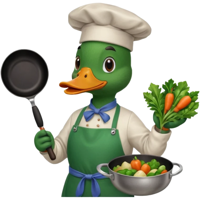 A duck holding a frying pan with vegetables, wearing green apron emoji