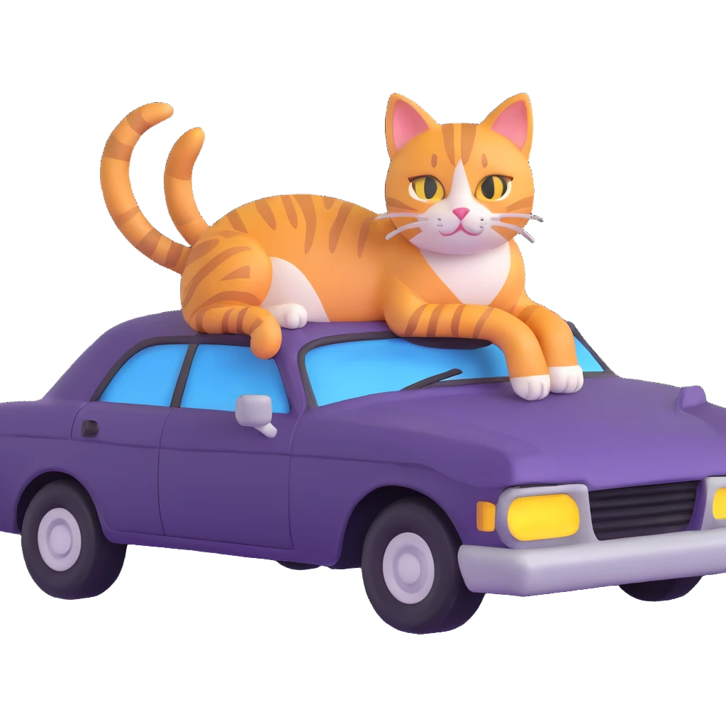 a beautiful cat lounging on the hood of a damaged car emoji