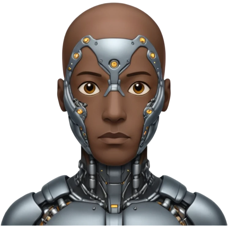 bald black man, vertical half of his face covered in cyborg augmentations emoji