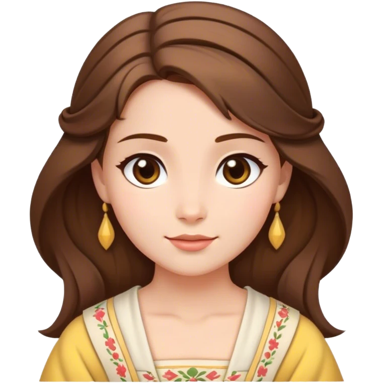 Cinematic Serene Belle Portrait Emoji, rendered in a simplified vector style. Depict a gentle Belle (chest and above) with fair, glowing skin, softly cascading brown hair, and a calm, inviting expression, dressed in her traditional village dress. The image exudes a soft, luminous glow and is outlined with a subtle, warm light. emoji